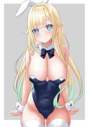 Rule 34 | 1girl, absurdres, aizawa ema, animal ears, black bow, black bowtie, black leotard, blonde hair, blue eyes, border, bow, bowtie, breasts, cleavage, commentary request, cowboy shot, detached collar, grey background, haruo860, highres, large breasts, leotard, playboy bunny, rabbit ears, sitting, solo, thighhighs, two-tone background, virtual youtuber, vspo!, white border, white thighhighs, wrist cuffs