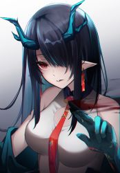 Rule 34 | 1girl, arknights, black collar, black hair, blood, blue horns, china dress, chinese clothes, collar, colored inner hair, dress, dusk (arknights), female focus, gradient background, green hair, hand up, highres, horns, kureneko, multicolored hair, pointy ears, red eyes, red neckwear, solo, upper body, white dress, yandere