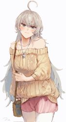 Rule 34 | 1girl, ahoge, bag, blue eyes, blush, breasts, closed mouth, grey background, grey hair, hair between eyes, highres, jewelry, kantai collection, long hair, long sleeves, looking at viewer, necklace, nidou, official alternate costume, one-hour drawing challenge, pantyhose, pink skirt, signature, simple background, skirt, solo, star (symbol), star necklace, sweater, washington (kancolle), white pantyhose, yellow sweater