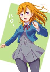 Rule 34 | 1girl, black legwear, breasts, commentary request, long hair, long sleeves, looking at viewer, love live!, love live! superstar!!, miniskirt, orange hair, purple eyes, qy73, school uniform, shibuya kanon, skirt, small breasts, solo