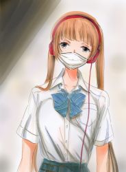 Rule 34 | 10s, arisugawa nino, blue eyes, bow, bowtie, brown hair, commentary request, fukumenkei noise, grey eyes, headphones, highres, long twintails, marker (medium), mask, mouth mask, potekite, school uniform, solo, traditional media