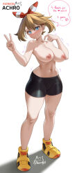 Rule 34 | 1girl, achromaru, artist logo, artist name, bandana, bike shorts, black shorts, blue eyes, blush, breasts, brown hair, closed mouth, creatures (company), english text, female focus, full body, game freak, hair between eyes, hands up, highres, large breasts, looking at viewer, may (pokemon), meme, navel, nintendo, phone, pokemon, pokemon oras, selfie, shorts, smile, solo, speech bubble, standing, topless, twitter strip game (meme), v, white background, yellow footwear