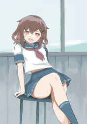 Rule 34 | 1girl, absurdres, alternate sleeve length, black socks, blue sailor collar, blue skirt, brown hair, commentary request, fang, feet out of frame, hair ornament, hairclip, highres, ikazuchi (kancolle), kantai collection, midriff peek, neckerchief, pleated skirt, red neckerchief, sailor collar, school uniform, serafuku, short hair, sitting, skirt, smile, socks, solo, stool, thighhighs, toplow, window