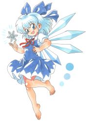 Rule 34 | 1990s (style), 1girl, :d, barefoot, blue eyes, blue hair, blush, bow, cirno, dress, fang, feet, full body, hair bow, ice, marker (medium), matching hair/eyes, open mouth, oyatsu (mk2), retro artstyle, short hair, simple background, smile, snowflakes, solo, toes, touhou, traditional media, white background, wings