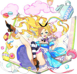 Rule 34 | 1girl, alice (alice in wonderland), alice in wonderland, asymmetrical legwear, blonde hair, book, braid, breasts, bright pupils, candy, cleavage, cookie, cup, detached sleeves, dress shirt, floating hair, food, french braid, giant object, green eyes, holding, long hair, looking at viewer, mansu, mushroom, open mouth, oversized object, pouring, rainbow, round teeth, shirt, simple background, single thighhigh, solo, splashing, star-shaped pupils, star (symbol), striped clothes, striped thighhighs, symbol-shaped pupils, teacup, teapot, teeth, thighhighs, uneven legwear, white background