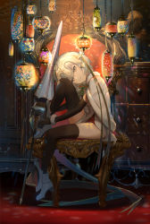 Rule 34 | 1girl, ashorz, bell, black gloves, black thighhighs, bow, capelet, chair, chinese commentary, closed mouth, commentary, elbow gloves, fate/grand order, fate (series), from side, full body, fur-trimmed capelet, fur trim, gloves, green bow, green ribbon, grey eyes, grey hair, headpiece, high heels, highres, indoors, jeanne d&#039;arc (fate), jeanne d&#039;arc alter santa lily (fate), leg up, looking at viewer, medium hair, polearm, red bow, red ribbon, ribbon, sitting, sitting on object, sitting sideways, solo, striped bow, striped ribbon, thighhighs, weapon, white capelet, white footwear