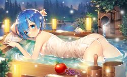 Rule 34 | 10s, 1girl, apple, ass, ayami (annahibi), bare shoulders, bathing, blue eyes, blue hair, blurry, blush, breasts, closed mouth, depth of field, food, from side, fruit, hair ornament, hanging breasts, looking at viewer, medium breasts, naked towel, outdoors, partially submerged, re:zero kara hajimeru isekai seikatsu, rem (re:zero), short hair, sideboob, smile, solo, steam, towel, wet, wet hair, x hair ornament