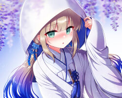 Rule 34 | 1boy, alternate costume, blonde hair, blush, captain nemo (fate), commentary, crossdressing, dress, fate/grand order, fate (series), flower, green eyes, hair ornament, highres, hood, hood up, japanese clothes, kimono, looking at viewer, male focus, nemo (fate), open mouth, shell ocean, solo, uchikake, wedding dress, white dress, white kimono