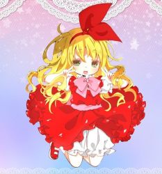 Rule 34 | 1girl, blonde hair, bloomers, bow, bowtie, commentary request, double v, dress, ellen (touhou), frilled dress, frills, hair bow, hairband, long hair, mary janes, pink bow, pink bowtie, pink sash, red bow, red dress, red footwear, red hairband, rrrn3l, sash, shoes, touhou, touhou (pc-98), underwear, v, white bloomers, white legwear, yellow eyes