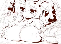 Rule 34 | 1girl, betei, blush, breast rest, breasts, chopsticks, covered erect nipples, female focus, food, hat, huge breasts, large breasts, monochrome, no bra, noodles, open mouth, patchouli knowledge, ramen, solo, tears, touhou
