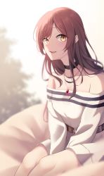 1girl, :d, absurdres, arms between legs, black choker, blurry, blurry background, blurry foreground, choker, dress, highres, idolmaster, idolmaster shiny colors, jewelry, looking at viewer, odecono3, off-shoulder dress, off shoulder, osaki amana, open mouth, red hair, round teeth, smile, solo, straight hair, teeth, yellow eyes