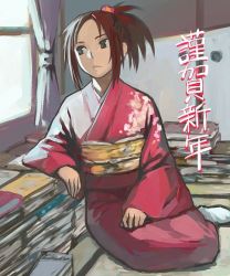 Rule 34 | b suke, book, brown hair, curtains, frown, grey eyes, japanese clothes, kimono, new year, ponytail, sitting, socks, solo, window