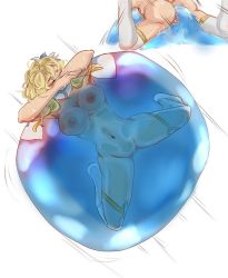 Rule 34 | 1girl, 1other, ass, blonde hair, blush, breast press, breasts, closed eyes, clothed sex, genshin impact, highres, interspecies, lumine (genshin impact), lying on person, medium breasts, medium hair, monster, nipples, partially undressed, sex, simple background, slime, slime (creature), white background
