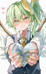 Rule 34 | 1girl, absurdres, ascot, blush, closed mouth, collared shirt, commentary request, daiyousei, fairy wings, green eyes, green hair, green nails, heart, highres, holding, holding heart, looking at viewer, mahoro (minase mahoro), one side up, shirt, short sleeves, simple background, smile, solo, touhou, upper body, white background, white shirt, wings, yellow ascot