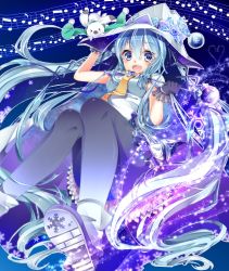 Rule 34 | 1girl, bad id, bad pixiv id, beamed quavers, blue eyes, blue hair, rabbit, gloves, hat, hatsune miku, long hair, matching hair/eyes, musical note, navy (navy.blue), open mouth, pantyhose, quaver, snowflakes, solo, staff (music), twintails, very long hair, vocaloid, witch hat, yuki miku, yukine (vocaloid)