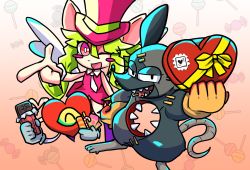 Rule 34 | 1girl, 2boys, animal ears, blush stickers, candy, chocolate, chocolate bar, food, gloves, green hair, hat, heart (mad rat dead), highres, hole on body, leotard, mad rat, mad rat dead, mouse (animal), mouse ears, mouse girl, mouse tail, multiple boys, nippon ichi, rat god, red eyes, tail, tie clip, top hat, valentine, wings, wrist cuffs