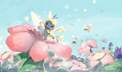 Rule 34 | closed mouth, commentary, creatures (company), cutiefly, day, do9bessa, english commentary, flower, game freak, gen 7 pokemon, holding, looking at viewer, nintendo, no humans, outdoors, pink flower, pokemon, pokemon (creature), purple flower, ribombee, sitting, smile