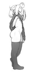 Rule 34 | 1girl, ahoge, clothes lift, flat chest, from side, full body, greyscale, heel up, highres, itsukarine, lifted by self, long sleeves, looking at viewer, looking to the side, monochrome, navel, nipples, no bra, no panties, no shoes, original, pointy ears, simple background, solo, standing, sweater, sweater lift, thick eyebrows, thighhighs, white background