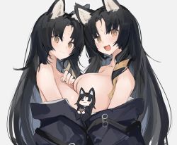 Rule 34 | 2girls, :d, animal ears, arknights, asymmetrical docking, black hair, black shirt, breast press, breasts, censored, censored nipples, character censor, clothes pull, dog ears, dual persona, facial mark, forehead mark, highres, large breasts, long hair, looking at viewer, mikozin, multiple girls, novelty censor, open mouth, partially undressed, saga (arknights), shirt, shirt pull, simple background, smile, upper body, white background, yellow eyes