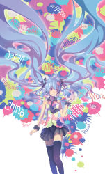 Rule 34 | 1girl, ahoge, aqua hair, bare shoulders, black thighhighs, colorful, english text, floating hair, hair ornament, hatsune miku, headset, highres, long hair, madyy, nail polish, necktie, paint, paint splatter, pink eyes, skirt, solo, thighhighs, twintails, very long hair, vocaloid, wrist cuffs