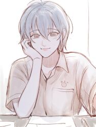 Rule 34 | 1girl, absurdres, blue hair, brown eyes, closed mouth, collared shirt, commentary, desk, english commentary, head rest, highres, maybecrosswise, original, pencil, shirt, short hair, short sleeves, simple background, smile, solo, upper body, white background, white shirt