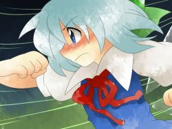 Rule 34 | 1girl, bad id, bad pixiv id, blouse, cirno, close-up, collared shirt, female focus, gradient background, hair between eyes, hammer (sunset beach), running, shirt, solo, tears, touhou, white shirt