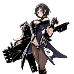 Rule 34 | 1girl, arched back, belt, black hair, blue eyes, blush, boots, breasts, brown pantyhose, bustier, cannon, cleavage, cowboy shot, gatling gun, gauntlets, girls&#039; frontline, gun, hand up, holding, holding gun, holding weapon, intruder (girls&#039; frontline), knee boots, large breasts, lazy ant, logo, magazine (weapon), multiple-barrel firearm, navel, pantyhose, pointing, pointing at viewer, sangvis ferri, short hair, simple background, smile, solo, swept bangs, weapon, white background