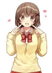 Rule 34 | 1girl, :d, bad id, bad pixiv id, blush, bow, bowtie, brown eyes, brown hair, collared shirt, fingers to cheeks, hair ornament, heart, index finger raised, kurata rine, looking at viewer, open mouth, original, pleated skirt, red bow, red bowtie, red skirt, school uniform, shirt, short hair, simple background, skirt, smile, solo, sweater, tareme, upper body, white background, white shirt, x hair ornament