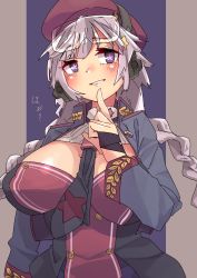 Rule 34 | 1girl, beret, between breasts, blue eyes, blush, braid, breasts, cleavage, cleavage cutout, clothing cutout, commentary request, ear protection, finger to own chin, girls&#039; frontline, goggles, goggles on head, hand wraps, hat, highres, jacket, koyansuee, large breasts, long braid, necktie, necktie between breasts, ots-12 (girls&#039; frontline), red hat, safety glasses, silver hair, smile, solo, star-shaped pupils, star (symbol), symbol-shaped pupils, twin braids, upper body