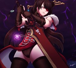 Rule 34 | 1girl, azzypics, bare shoulders, beidou (genshin impact), black gloves, brown hair, capelet, china dress, chinese clothes, dress, eyepatch, fingerless gloves, genshin impact, gloves, hair ornament, hair over one eye, hair stick, hairpin, highres, holding, holding sword, holding weapon, lightning, long hair, pelvic curtain, red capelet, red dress, red eyes, solo, storm, sword, thighhighs, thighs, weapon