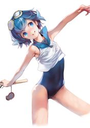 Rule 34 | 1girl, :d, armpits, ataruman, bare arms, blue eyes, blue hair, blue one-piece swimsuit, blue sailor collar, breasts, creatures (company), crop top, fishing rod, flat chest, game freak, goggles, goggles on head, highres, lana (pokemon), nintendo, one-piece swimsuit, open mouth, outstretched arms, petite, pokemon, pokemon sm, sailor collar, short hair, simple background, sleeveless, smile, solo, spread arms, swimsuit, swimsuit under clothes, trial captain, white background