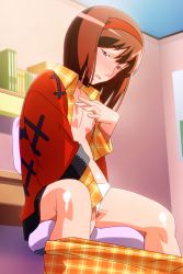Rule 34 | 1girl, blush, breasts, brown eyes, brown hair, clothes pull, feet out of frame, female masturbation, hairband, indoors, kayama tamami, long sleeves, masturbation, nipples, non-web source, official art, open clothes, open mouth, open robe, panties, pants, pants pull, photoshop (medium), robe, short hair, sitting, small breasts, solo, super real mahjong, tanaka ryou, underwear, white panties