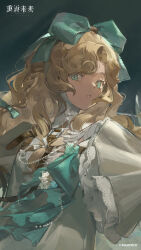 Rule 34 | 1girl, :o, absurdres, aqua bow, aqua eyes, bandaged hand, bandages, belt, blonde hair, blue background, bow, brown belt, copyright name, copyright notice, curly hair, dress, hair bow, hand on own chest, hand up, highres, logo, long hair, long sleeves, looking at viewer, lorelei (reverse:1999), official art, official wallpaper, reverse:1999, solo, upper body, white dress, wide sleeves