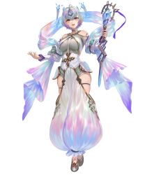 Rule 34 | 1girl, bare shoulders, breasts, choker, female focus, fire emblem, fire emblem heroes, gold trim, gradient hair, grey footwear, grey hair, highres, holding, holding wand, jewelry, large breasts, leotard, leotard under clothes, looking at viewer, multicolored hair, nintendo, non-web source, official art, open mouth, pants, purple hair, seidr (fire emblem), short hair, skindentation, smile, solo, thigh strap, thighs, wand, yellow eyes, yoshiku (oden-usagi)