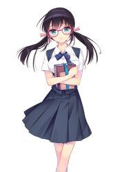 Rule 34 | 1girl, blue bow, blue eyes, book, bow, breasts, hair bow, hands up, highres, holding, holding book, large breasts, long hair, looking at viewer, pink-framed eyewear, pink bow, school uniform, shirahane nao, shirt, short sleeves, skirt, soccer spirits, solo, standing, sujin (soccer spirits), transparent background, twintails, white legwear, white shirt