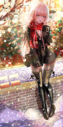 Rule 34 | 1girl, absurdres, bag, bauble, black coat, black footwear, blue eyes, blue nails, blunt bangs, book, boots, breasts, brick wall, cellphone, chain, christmas, christmas ornaments, christmas tree, cleavage, coat, commentary, high heel boots, high heels, highres, holding, holding phone, ito lab, legs together, long hair, long sleeves, looking at viewer, nail polish, open mouth, original, ornament, outdoors, pantyhose, patent boots, phone, pink hair, red scarf, scarf, shoulder bag, smartphone, snow, snowing, solo, standing, stiletto boots, stiletto heels, thigh boots, thighhighs, tile floor, tiles, window