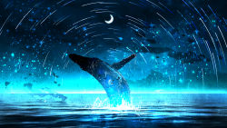 Rule 34 | blue theme, commentary, crescent moon, glowing, highres, moon, night, no humans, ocean, original, outdoors, rinneko (rinne paint), scenery, star (symbol), star trail, whale
