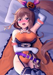 Rule 34 | 1girl, animal ears, bare shoulders, bed, black thighhighs, blush, bow, breasts, brown hair, candy, cygames, dragalia lost, elbow gloves, elisanne, fake animal ears, food, garter straps, gloves, halloween, jack-o&#039;-lantern, large breasts, leotard, lollipop, long hair, looking at viewer, lying, nintendo, on back, open mouth, orange leotard, ponytail, pumpkin, purple eyes, rabbit ears, solo, thighhighs, thighs, very long hair, white elbow gloves, white gloves