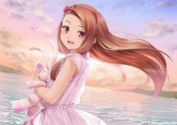 Rule 34 | 1girl, :d, bare arms, blush, bow, brown hair, cloud, commentary request, dress, dutch angle, hair bow, hairband, horizon, idolmaster, idolmaster (classic), long hair, looking at viewer, looking to the side, minase iori, miri (ago550421), mountain, hugging object, ocean, open mouth, outdoors, pink dress, red bow, red eyes, red hairband, signature, sky, sleeveless, sleeveless dress, smile, solo, stuffed animal, stuffed rabbit, stuffed toy, swept bangs, very long hair, water