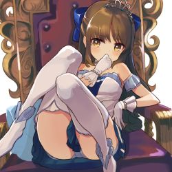 Rule 34 | 10s, 1girl, armchair, bare shoulders, bead bracelet, beads, blue bow, blue skirt, blush, boots, bow, bracelet, brown eyes, brown hair, chair, corset, covered mouth, gloves, hair bow, half updo, hand to own mouth, idolmaster, idolmaster cinderella girls, idolmaster cinderella girls starlight stage, jewelry, leaning back, long hair, looking at viewer, matching hair/eyes, panties, pantyshot, pleated skirt, simple background, sitting, skirt, solo, starry sky bright, tachibana arisu, tetsujin momoko, thighhighs, tiara, underwear, white background, white gloves, white thighhighs