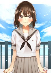 Rule 34 | 1girl, blush, brown hair, crying, crying with eyes open, day, female focus, hair ornament, hairclip, highres, itame moyashi, looking at viewer, original, pleated skirt, railing, school uniform, skirt, solo, tears