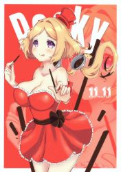 Rule 34 | 1girl, aki rosenthal, alternate costume, bare shoulders, blonde hair, blush, bob cut, breasts, cleavage, dress, food, highres, hololive, large breasts, long hair, looking at viewer, low twintails, nyu-tan94, parted bangs, pocky, pocky day, purple eyes, red dress, short hair, smile, solo, strapless, strapless dress, twintails, virtual youtuber