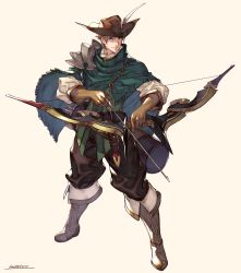 Rule 34 | 1boy, armor, arrow (projectile), belt, blonde hair, blue eyes, boots, bow (weapon), brown gloves, brown hat, brown pants, capelet, closed mouth, elliot (kotatsu (g-rough)), full body, gloves, green capelet, grey background, hat, highres, holding, holding arrow, holding bow (weapon), holding weapon, knife, kotatsu (g-rough), legs apart, long sleeves, looking at viewer, male focus, original, pants, pauldrons, scabbard, sheath, shoulder armor, signature, simple background, single pauldron, smile, solo, standing, weapon