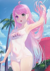 Rule 34 | 1girl, :o, ahoge, aqua hair, arm up, armpits, bare arms, bare shoulders, beach umbrella, blue sky, breasts, cloud, collarbone, commentary, covered navel, cowboy shot, crescent, crescent earrings, day, earrings, gradient hair, green eyes, hair down, hair flip, hands in hair, heterochromia, highres, himemori luna, hololive, jewelry, light blush, long hair, medium breasts, multicolored hair, name tag, old school swimsuit, one-piece swimsuit, open mouth, outdoors, palm tree, pink hair, purple eyes, school swimsuit, sky, solo, swimsuit, takami masahiro, translated, tree, umbrella, very long hair, virtual youtuber, water drop, white one-piece swimsuit