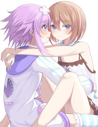 Rule 34 | 2girls, :d, arms around neck, arms around waist, bare legs, bare shoulders, between legs, blanc (neptunia), blue eyes, blush, brown hair, choker, d-pad, d-pad hair ornament, dress, face-to-face, hair between eyes, hair ornament, happy, highres, hood, hooded jacket, hug, jacket, knees up, long sleeves, looking at another, medium hair, multiple girls, neptune (neptunia), neptune (series), open mouth, purple eyes, purple hair, ray 726, short hair, smile, spaghetti strap, spread legs, striped clothes, striped thighhighs, thighhighs, thighs, upskirt, usb, white choker, white dress, yuri