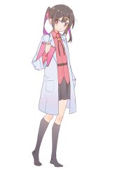 Rule 34 | 1girl, absurdres, black skirt, black socks, blush, brown eyes, brown hair, closed mouth, coat, collared shirt, hair ornament, hairclip, highres, holding, kneehighs, kurobeko (kur0bek0), lab coat, long sleeves, looking at viewer, onii-chan wa oshimai!, open clothes, open coat, oyama mihari, pink hair, pleated skirt, red shirt, shirt, simple background, skirt, socks, solo, standing, twintails, white coat