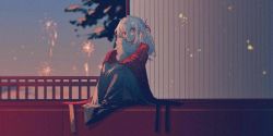 Rule 34 | akaneyume, clothing request, copyright request, evening, film grain, fireworks, gender request, highres, japanese clothes, kimono, knees up, long hair, looking to the side, mafumafu, red eyes, sitting, smile, tree