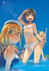 Rule 34 | 10s, 4girls, :d, ^ ^, alternate costume, atago (kancolle), bikini, black hair, blonde hair, blue bikini, blush stickers, breasts, brown hair, censored, closed eyes, closed mouth, convenient censoring, day, fish, fubuki (kancolle), glasses, green eyes, groin, hat, i-8 (kancolle), kantai collection, lens flare, long hair, looking at viewer, medium breasts, multiple girls, navel, nonco, nude, open mouth, partially submerged, purple eyes, red-framed eyewear, red eyes, school swimsuit, semi-rimless eyewear, shading eyes, short hair, side-tie bikini bottom, sky, small breasts, smile, swimsuit, takao (kancolle), under-rim eyewear, wading, water, wet, white bikini