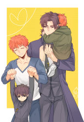 Rule 34 | 4boys, brown hair, child, cross, cross necklace, dual persona, emiya shirou, fate/stay night, fate/zero, fate (series), jewelry, kotomine kirei, male focus, multiple boys, necklace, aged up, raglan sleeves, red hair, sunday31, aged down