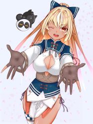 Rule 34 | 1girl, ahoge, blonde hair, blue bow, blue dress, bow, breasts, brown gloves, china dress, chinese clothes, cleavage cutout, clothing cutout, commentary, cowboy shot, dark-skinned female, dark skin, dress, gloves, grey background, hair bow, highres, hololive, kintsuba (shiranui flare), kokechan, long hair, long sleeves, looking at viewer, medium breasts, multicolored hair, one eye closed, open mouth, orange eyes, outstretched arms, pelvic curtain, petals, pointy ears, ponytail, reaching, reaching towards viewer, shiranui flare, shiranui flare (old design), simple background, single thighhigh, smile, streaked hair, thighhighs, thighs, two-tone dress, two-tone hair, virtual youtuber, white dress, white hair, white thighhighs